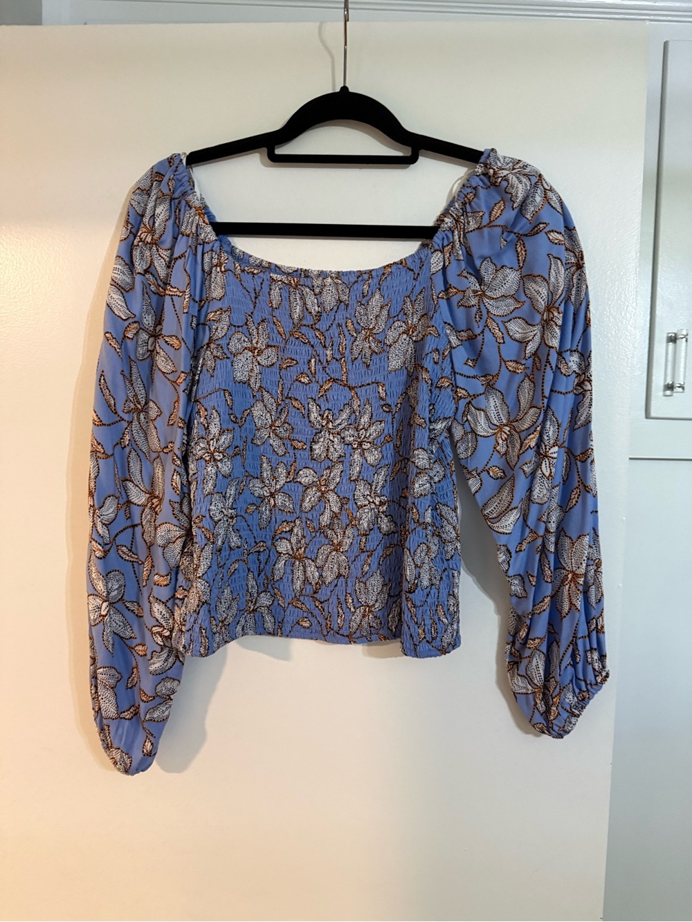Jessica Simpson Blue Floral Off-Shoulder Smocked Blouse